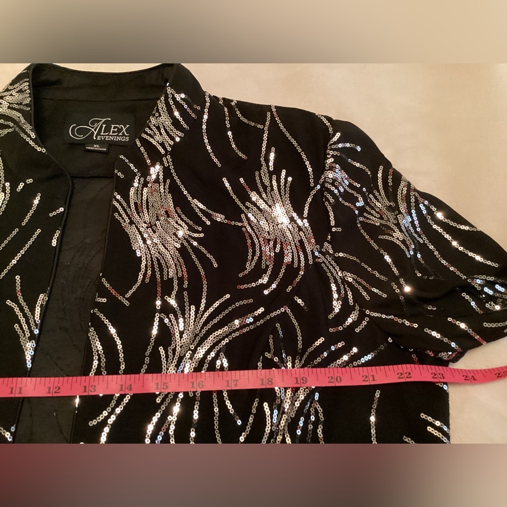 Alex Evenings Black Sequined Evening Jacket & Tank Top w Silver Wave Accents XL - Picture 7 of 12
